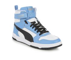 Synthetic leather upper with padded collar and fabric lining, Mid-top design with adjustable Velcro strap and lace-up closure, Classic round toe, Cushioned SoftFoam+ insole with fabric lining, Rubber sidewall trim and outsole, PUMA® branding details | Men's Puma Rebound Game Sneakers in Blue/Black/White Size 13 Sporty High-top Puma Skate Shoes, Puma Logo High-top Sneakers For Sports, Puma High-top Basketball Shoes For Streetwear, Puma High-top Synthetic Sneakers, Blue High-top Puma Sneakers, Sneakers Puma, Ankle Support, Mid Top, Shoe Carnival