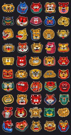 a large group of tiger heads on a black background