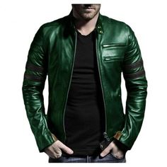 Genuine Leather Jacket For Winter In Green with Black Strip Winter Green Biker Jacket With Zipper Closure, Green Winter Biker Jacket With Zipper Closure, Green Winter Biker Jacket With Zipper, Green Leather Biker Jacket With Long Sleeves, Green Leather Jacket With Zipper, Green Leather Jacket With Zipper Closure, Green Winter Biker Outerwear, Green Biker Outerwear For Winter, Green Biker Style Winter Outerwear