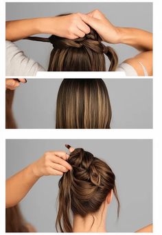 "A woman demonstrating how to create a half-up, half-down twisted hairstyle. The image is divided into three frames: the first shows her sectioning the top part of the hair, the second shows her twisting the sections, and the third shows the final twisted half-up hairstyle, styled with some loose waves at the bottom." Hair Mistakes, The One Show, Half Up Hair, Loose Waves, Half Up, Twist