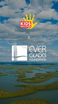 the everglades foundation logo on top of an island with water and clouds in the background