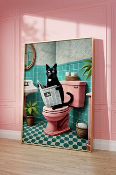 a black cat sitting on top of a toilet reading a newspaper in a pink bathroom