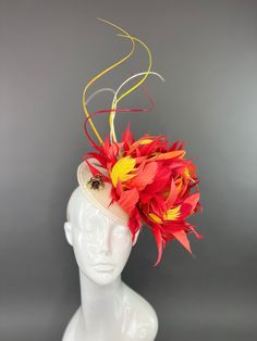 This fire fascinator is infused with red, orange, yellow and coral pink feathers curated like fire. attaches with a headband for easy and comfortable wear. attached is the Jeweled Bee, my signature mark. As this piece is one size fits all, please note all sales are final. Adjustable Red Feathered Fascinator, Red Adjustable Fascinator With Feathers, Adjustable Red Fascinator With Feathers, Red Feathered Summer Headpiece, Red Feathered Costume Hats And Headpieces For Summer, Yellow And Coral, My Signature, Pink Feathers, Red Orange Yellow