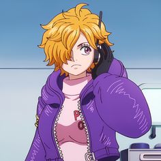 an anime character with headphones on talking on a cell phone while wearing a purple jacket