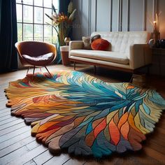 a living room filled with furniture and a colorful rug