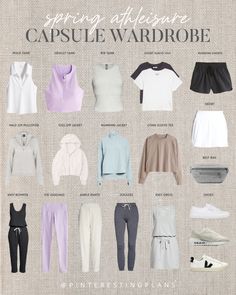 Spring Athleisure Capsule Wardrobe 2023 - Pinteresting Plans Gym Wardrobe Capsule, Stylish Sporty Outfits, 2023 Athleisure, Gym Capsule Wardrobe, Classy Athleisure Outfits, Workout Capsule Wardrobe, Workout Capsule, Sporty Style Outfits, Pilates Fit