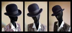 "Bowler hat, in fine hare lapin, brim 5 cm, external ribbon in black cotton h 4 cm, interior lined in white satin, internal sweat band in soft black leather. Entirely hand-made and sewn, the brim has the typical \"curl\" with the grosgrain finish sewn and turned used for the top hats and bowler hats of the 19th century." Classic Black Cloche Hat With Short Brim, Elegant Felt Hat For Derby In Winter, Elegant Fedora Felt Hat For Derby, Black Top Hat For Derby, Elegant Wide Brim Felt Hat For Derby, Black Cloche Hat With Short Brim For Formal Occasions, Classic Fitted Cloche Hat Bands, Elegant Curved Brim Felt Hat For Derby, Black Short Brim Hat For Derby