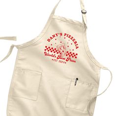 a white apron with a red and white checkerboard design on the front that says, dairy's pizzeria world's best pizza