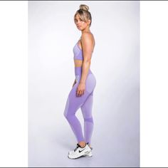 Women’s Two Piece Set Compression High Waist Leggings With Top Included Padded Top Fitted Seamless Purple Leggings, Purple Compression Bottoms, Seamless, Seamless Purple Yoga Leggings, Trendy Fitted Purple Leggings, Purple Fitted Athleisure Tights, Fitted Casual Purple Tights, High Waist Purple Workout Leggings, Casual Compressive Purple Leggings, Purple High Waist Workout Leggings