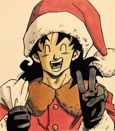 a drawing of a cartoon character wearing a santa hat and holding two fingers up in the air