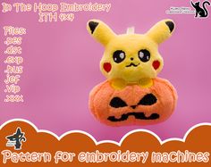 a stuffed pikachu sitting on top of a pumpkin