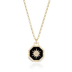 Luxury Octagon Diamond Necklace, Luxury Black Enamel Pendant Necklace, Black Medallion With Large Pendant, Luxury Diamond Necklace With Octagon Diamond Accents, Luxury Octagon Diamond Necklace With Diamond Accents, Luxury Octagon Diamond Necklace With Accents, Fine Jewelry Diamond Necklace With Black Enamel, Gold Diamond Necklace With Black Enamel, Luxury 14k Gold Jewelry With Black Enamel