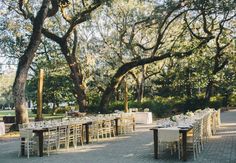 tables and chairs are set up for an outdoor wedding reception under the shade of trees