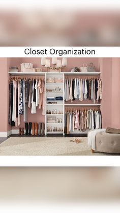 an organized closet with clothes, shoes and other items on shelves next to a bed