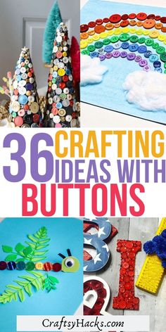 some crafts that are made with buttons and paper plates, including trees, letters, and numbers