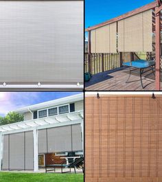 four different types of blinds and shades on the outside of a house, including an awning