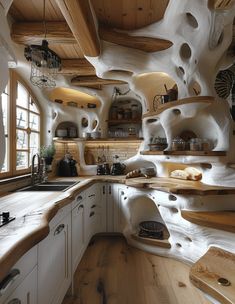 an unusual kitchen with wood floors and white walls, is pictured in this image from the inside