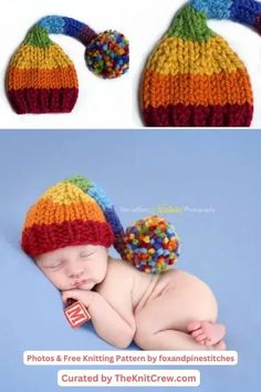 a baby wearing a multicolored knitted hat and holding a candy bar