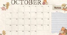 an october calendar with autumn leaves and pumpkins on the side, along with a notepad for notes