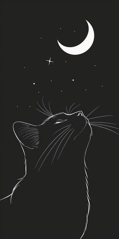 a black and white drawing of a cat looking up at the moon