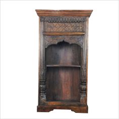 an old wooden bookcase with carvings on the top and bottom shelf, isolated against a white background