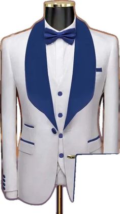 White Three-piece Suit With Suit Collar For Semi-formal Occasions, White Three-piece Suit For Semi-formal Occasions, White Three-piece Suit For Semi-formal Events, White Three-piece Suit With Notch Lapel, White Tuxedo Three-piece Suit, Tailored White Tuxedo Three-piece Suit, Tailored White Three-piece Tuxedo Suit, Blue Tuxedo Style Three-piece Suit For Wedding, Blue Tuxedo Blazer For Wedding