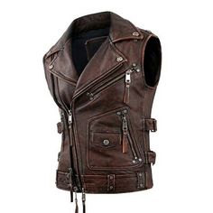 The knobs are made of stainless steel and stainless steel. ⭐ MATERIAL : The motorbike gilet select high quality leather fabric,windproof,waterproof,durable.It is comfortable and trendy. Edgy Brown Leather Biker Jacket, Brown Leather Punk Outerwear, Leather Jacket With Rivets For Biker Events, Leather Biker Jacket With Rivets For Fall, Fall Leather Biker Jacket With Rivets, Brown Punk Leather Jacket For Biker Events, Fitted Brown Leather Punk Jacket, Edgy Leather Biker Jacket With Asymmetrical Zip, Leather Biker Jacket With Asymmetrical Zip