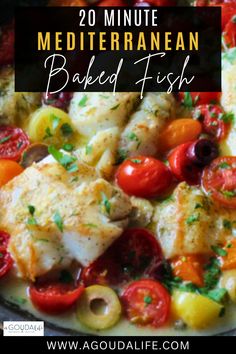 mediterranean baked fish with tomatoes and olives in a skillet