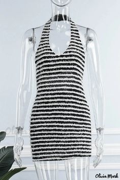 Olivia Mark - Chic Black Striped Bandage Backless Dress with Oblique Collar and Sleeveless Design Olivia Mark, Black Stripes, Dresses Online, Backless Dress, Sleeveless Dress, Collar, Dresses, Black, Design