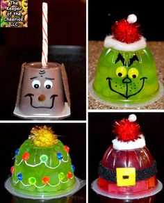 four pictures of different cakes with faces on them, one is green and the other is red