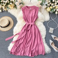 Elegant Solid A-line Sundress, Casual A-line Belted Dress For Spring, Summer Mini Length Belted Dress, Pink A-line Dress With Solid Color, Non-stretch Pink Dresses, Pink Non-stretch Dresses, Feminine Pink Solid Color Midi Dress, Elegant Spring Mini Belted Dress, Feminine Pink Midi Dress