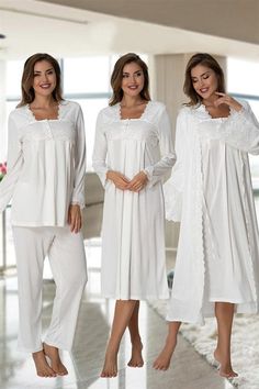 🤰🏻LohusaHamile 7016 Maternity Pajamas Maternity Nightgown Set with Robe🤰🏻 Cotton Fabric ✔︎ There are 4 pieces of product in the package ( Maternity Pajamas, Maternity Nightdress and Maternity Robe ) ✔︎ This Products have breastfeeding feature ✔︎ Pajamas and nightgown are long sleeved ✔︎ Adjustable at the waist ✔︎ There is a Belt in the Pachage ✔︎ it's a model that you can use after postpartum period ✔︎ Attention, There is no CROWN and SLIPPERS in the Package Size Range; if your weight's 60-7 Elegant White Bedtime Set, Long Sleeve Sets With Lace Trim For Daywear, White Long Sleeve Sets For Wedding Night, White Long Sleeve Sets For Wedding, White Lace Trim Sets For Daywear, Long Sleeve Lace Trim Sets For Wedding Night, White Lace Trim Sleepwear For Home, Maternity Nightgown, Maternity Pajama Set