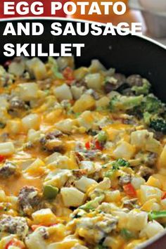 an egg potato and sausage skillet in a pan with the title overlay reading egg potato and sausage skillet