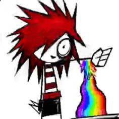 a drawing of a person with red hair and a rainbow colored object in the foreground