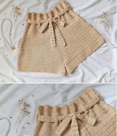 crocheted shorts with bows on the waist and bottom are shown in two different ways