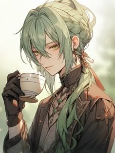 an anime character with green hair holding a cup