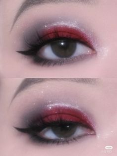 Red White And Black Makeup Looks, Eye Shadow Combination, Simple Xmas Makeup, Red Eye Makeup Douyin, Kpop Inspired Makeup Looks, Creative Birthday Makeup Looks, Red Eyeshadow Under Eyes, Types Of Eyeshadow Looks, Dark Red And Black Makeup