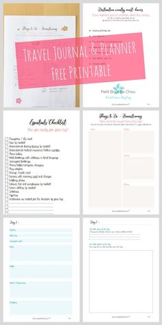 the travel journal and planner printable is shown with text overlays that reads travel journal and planner free printable