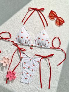 Women Summer Beach Cherry Print Halter Neck Bikini Set For Vacation Multicolor Cute   Fabric Cartoon,Fruit&Vegetable,Plants,All Over Print  High Stretch  Women Clothing, size features are:Bust: ,Length: ,Sleeve Length: Swimsuits Two Piece Cute Bikinis, Swimsuits For Vacation, Cute Swimwear Bikinis Teen, Cute Triangle Bikinis, Cute Swimsuit Aesthetic, Bathing Suits Baddie Outfits, Fancy Swimwear, Cherry Print Swimwear For Beach Season, Vacation Bikinis