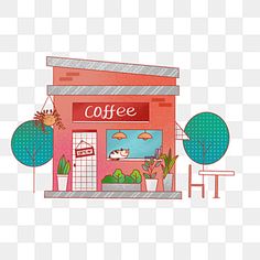 a coffee shop with potted plants on the outside, cartoon illustration png and psd