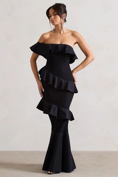 Cinematic Black Bardot Ruffled Fishtail Maxi Dress – Club L London - USA Black Ruffle Mermaid Dress, Black Fishtail Dress With Ruffles, Luxury Ruffled Off-shoulder Maxi Dress, Bridget Bardot Black Dress, Bardot Knit Dress, Fishtail Maxi Dress, Fishtail Skirt, Black Maxi, Club Dresses