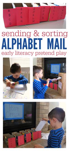 an advertisement for the alphabet mail early library pretendr play program with pictures of children