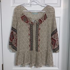 Cream Colored Blouse Babydoll Flare At The Bottom 3/4 Cinched Bell Sleeves Very Cute And Flowy! Never Worn Nwt Size Xs Casual Beige Tops With Boho Print, Casual Beige Boho Print Top, Sheer Blouse, Cream Color, Bell Sleeves, Baby Dolls, Top Blouse, Womens Tops, Cream