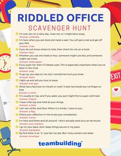 a poster with the words ridded office scavenger hunt written in bold letters