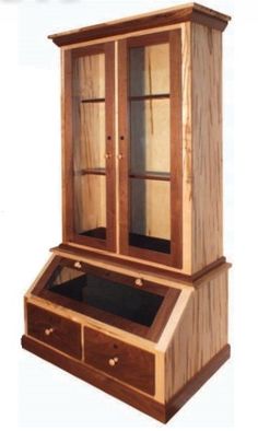 a wooden display cabinet with drawers and doors