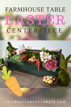 an easter centerpiece with carrots, flowers and eggs on the table in front of it