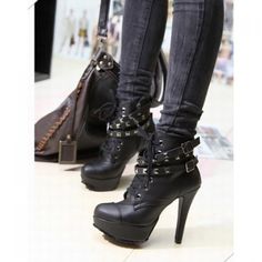 Casual and Stylish Style Buckle and Studs Embellished High-Heeled Boots For Female Hak Tinggi, Rocker Girl, Isabelle Lightwood, Studded Ankle Boots, Bohol, Olivia Palermo, High Heel Boots Ankle, Buckle Boots, Black High Heels