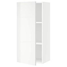 a white cabinet with two shelves and no doors