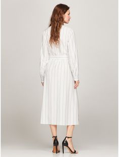 Tommy Hilfiger women's dress. Our versatile long-sleeve stripe shirtdress is made from silky viscose and features a long removeable belt that ties at the waist.  Material: 100% Viscose. Tommy Hilfiger Store, Striped Shirt Dress, Kids Sale, Tommy Hilfiger Women, Shirtdress, Midi Length, Womens Tees, Tommy Hilfiger, Women's Dress