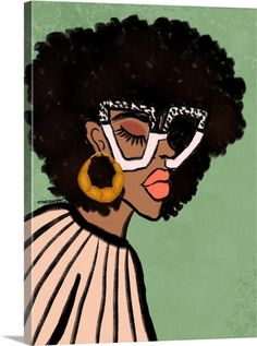 an illustration of a woman with afro hair and large hoop earrings on her face, wearing glasses